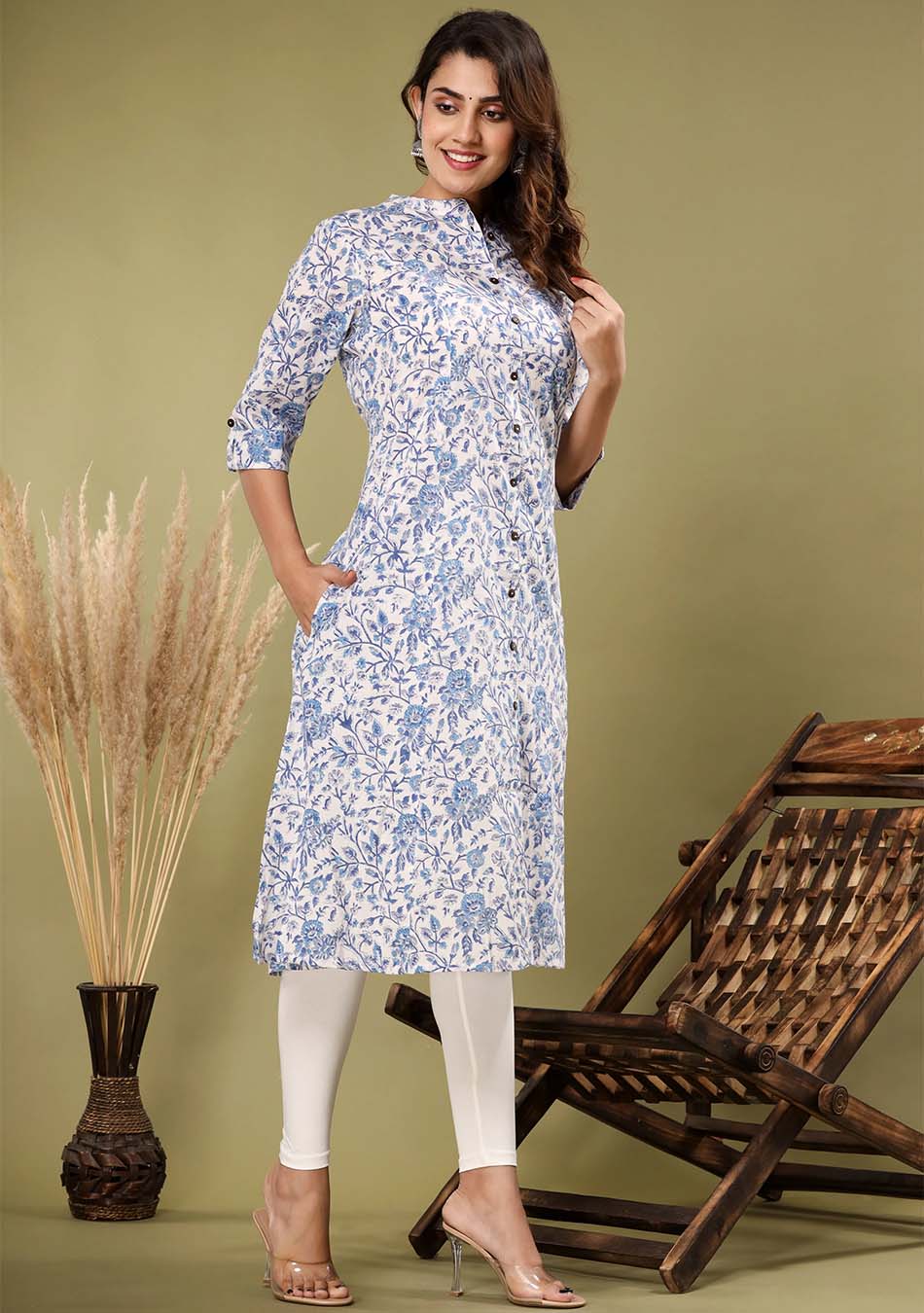 Hand block White Blue Floral Print Kurta