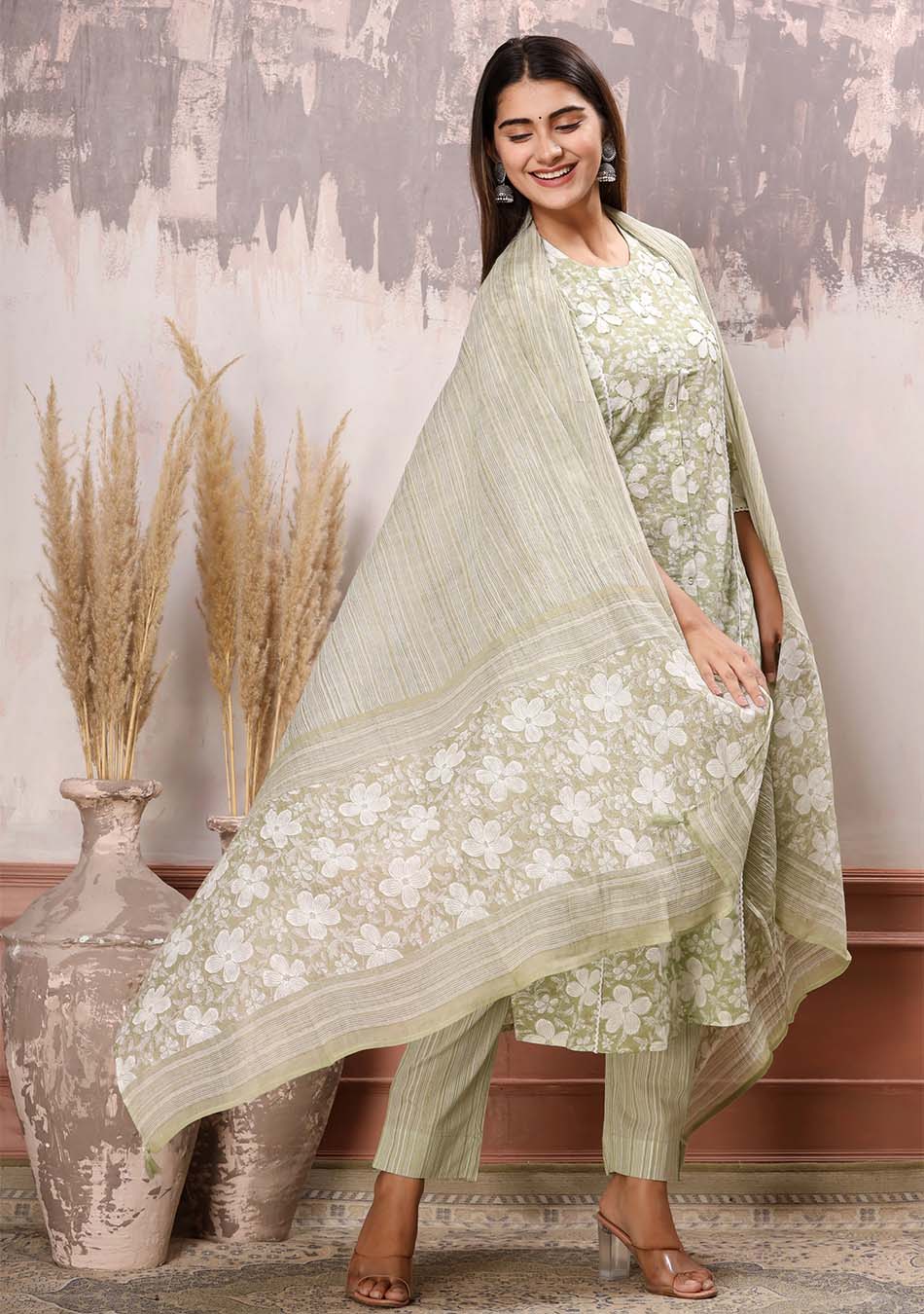 Green-White Floral Print Kurta Pant Set with Dupatta