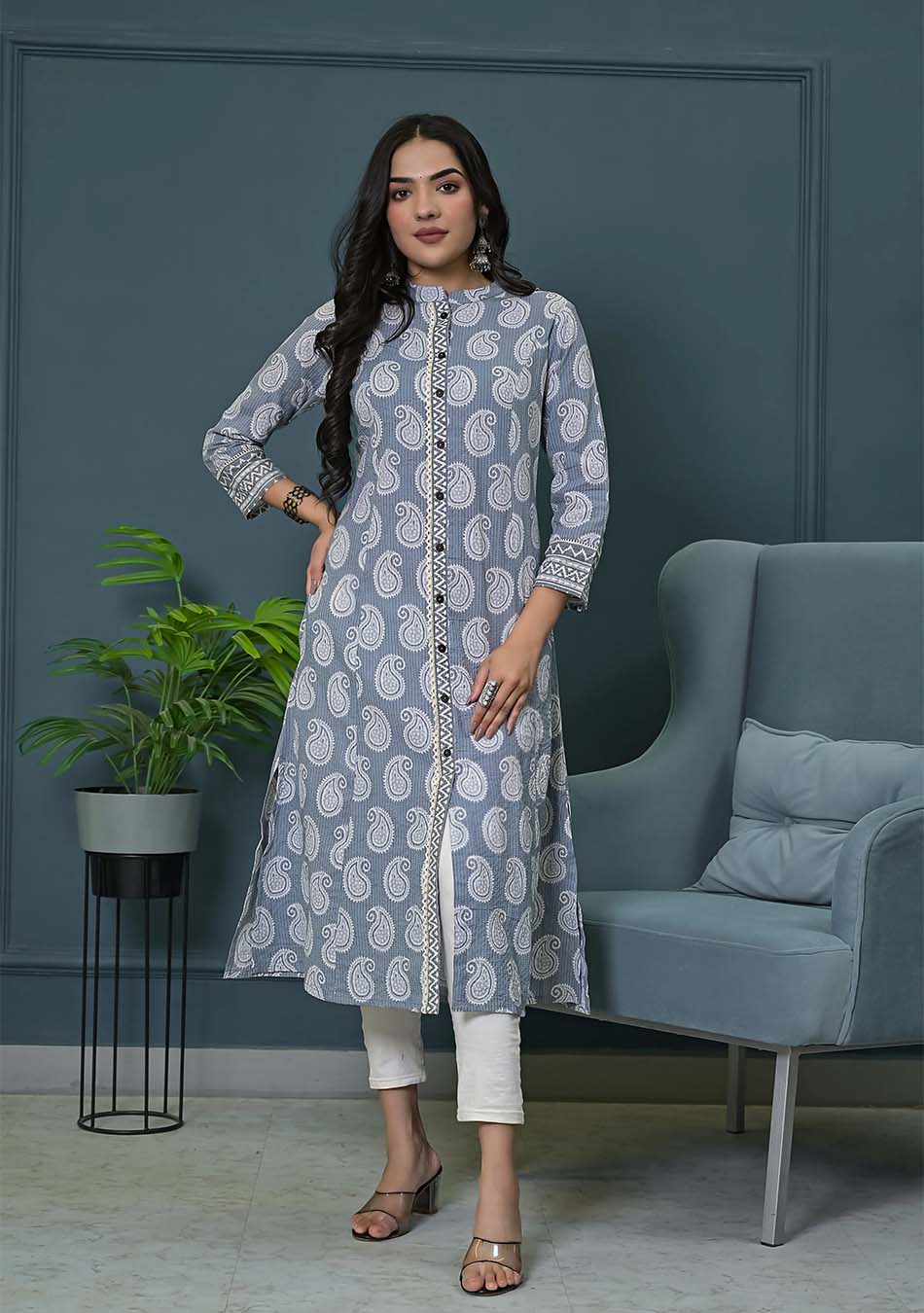 Grey Paisley Print Kurta