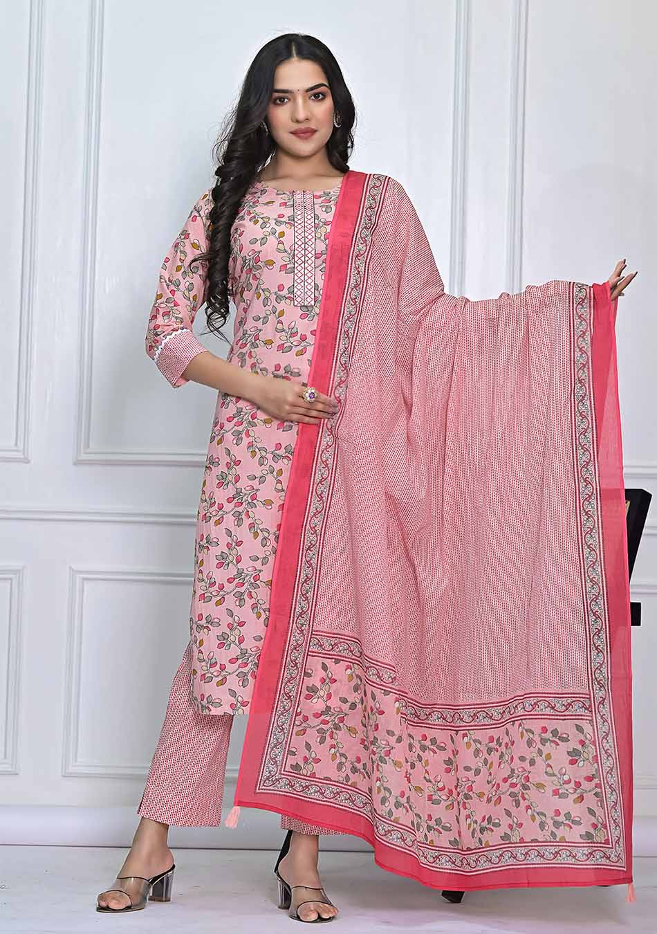 Pink Floral Print Kurta Pant Set With Dupatta