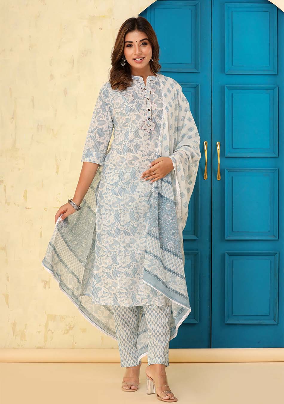 Sky Blue-White Floral Print Kurta Pant Set with Dupatta