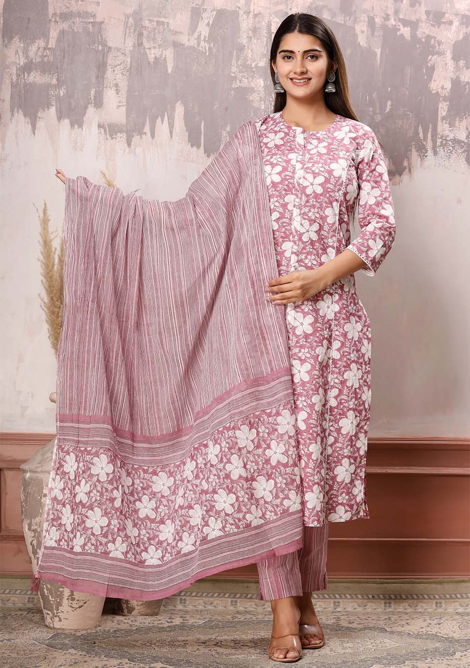 Pink-White Floral Print Kurta Pant Set with Dupatta