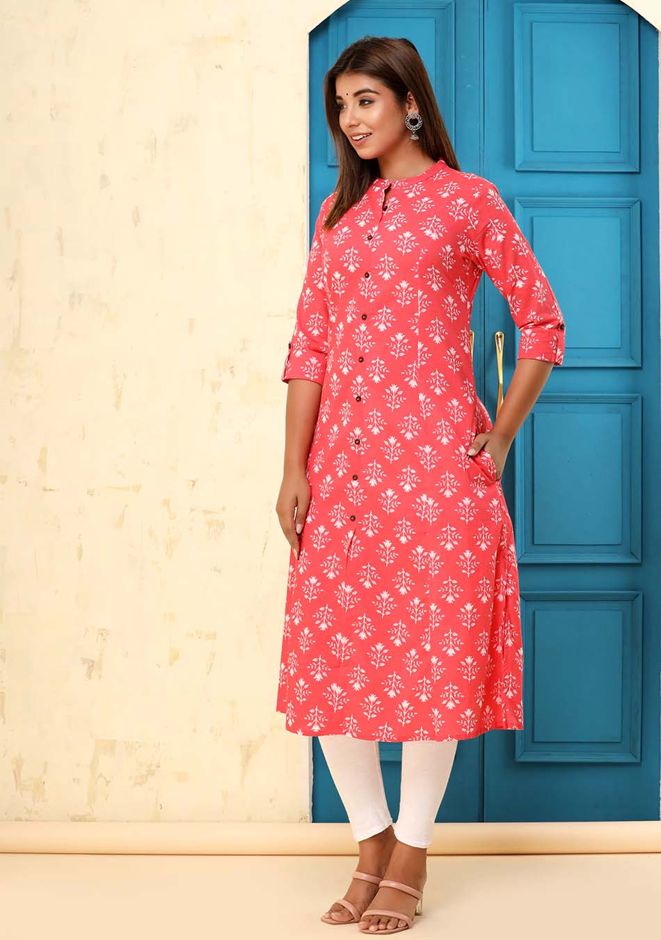 Red & White Floral Print Kurta