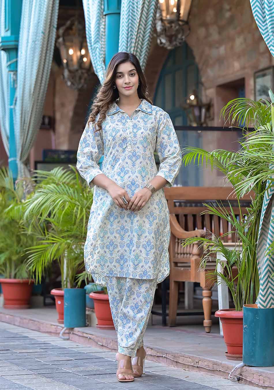 Blue Floral Print Shirt Style Kurta Hem Cuffed Pant Set