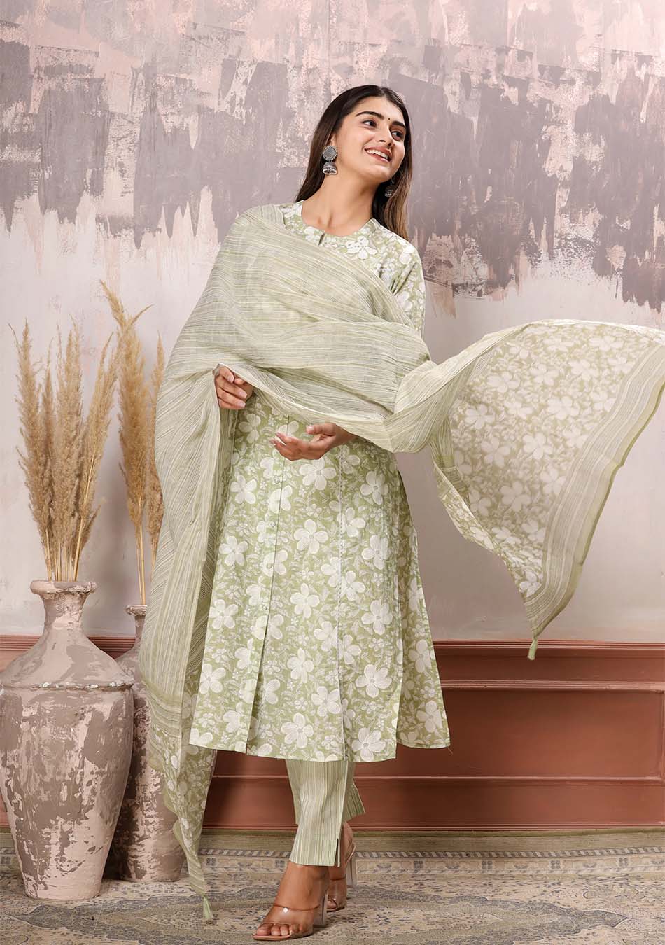Green-White Floral Print Kurta Pant Set with Dupatta
