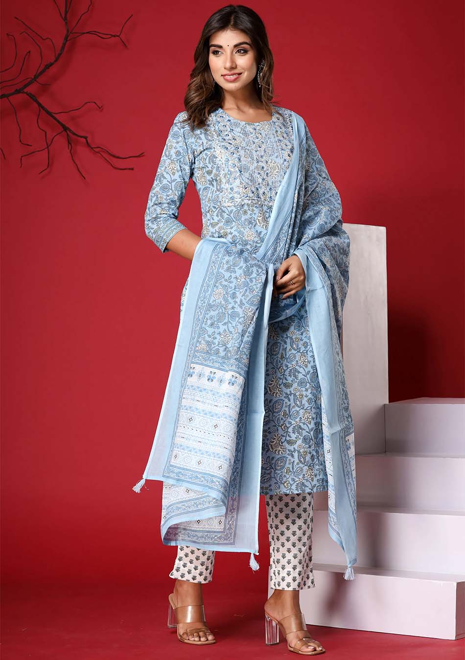 Sky Blue Floral Print Kurta Pant Set with Dupatta