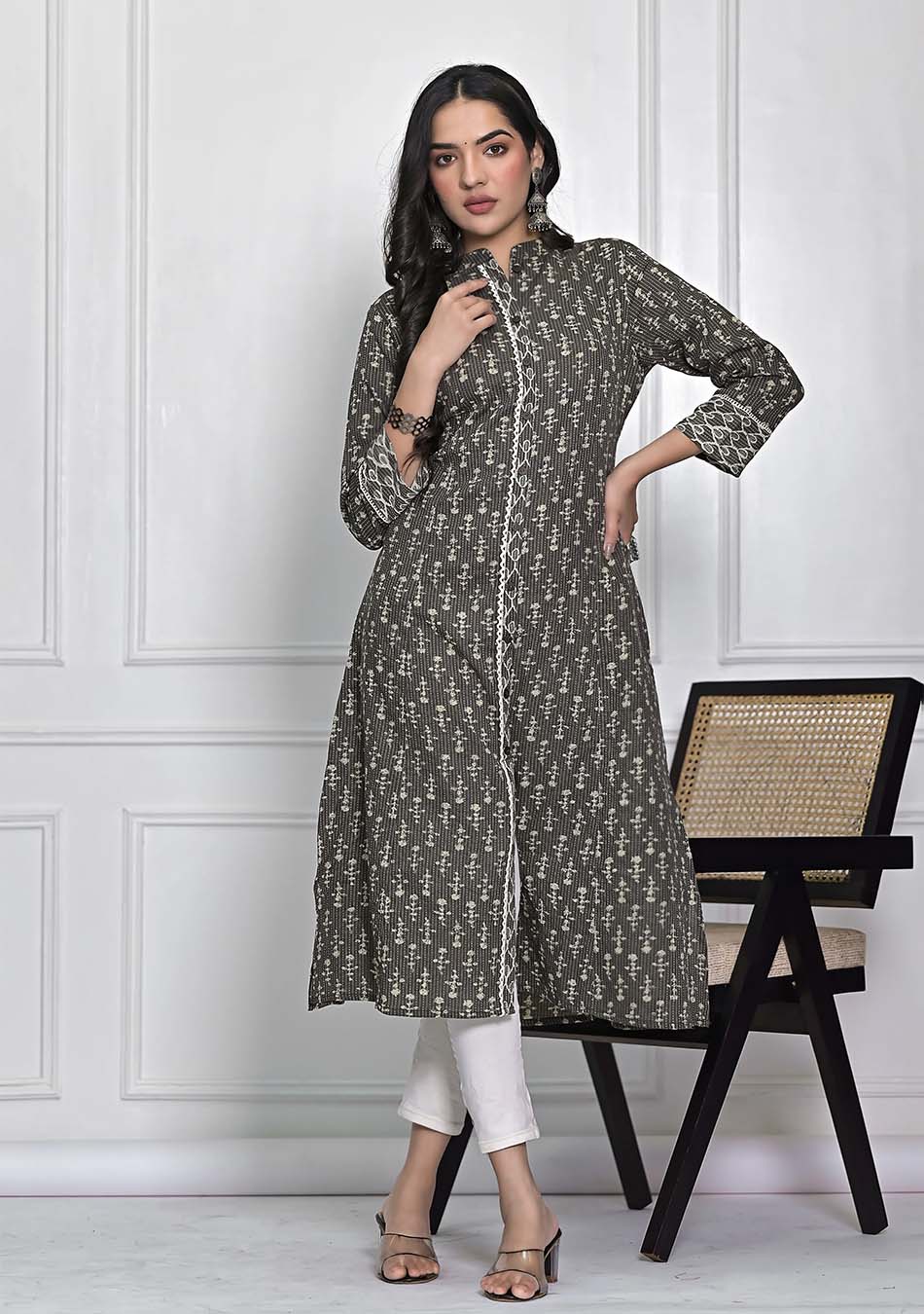 Dark GREY Floral Print Kurta