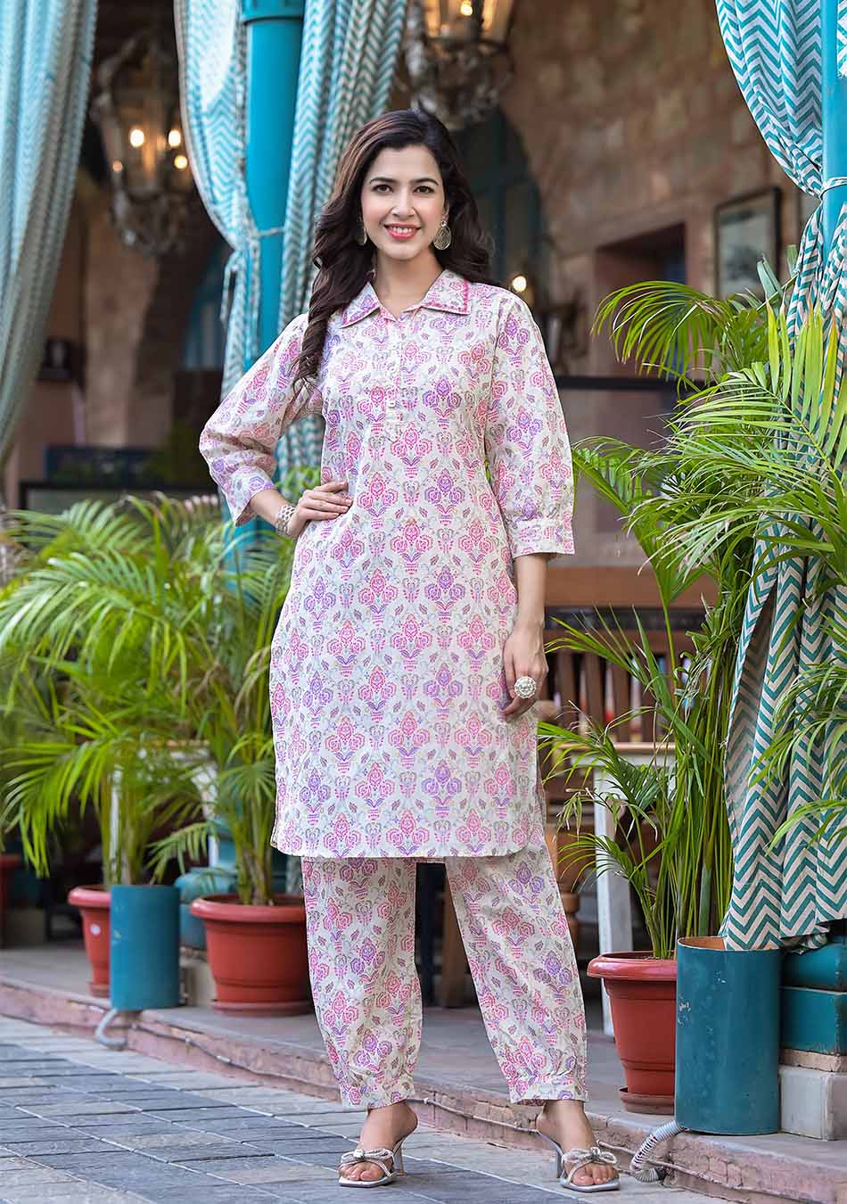 Pink & Purple Floral Print Shirt Style Kurta Hem Cuffed Pant Set