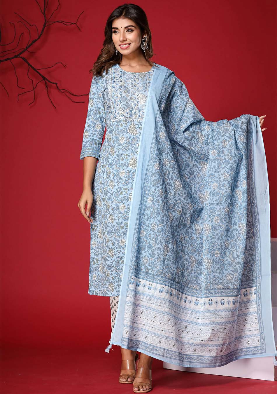 Sky Blue Floral Print Kurta Pant Set with Dupatta