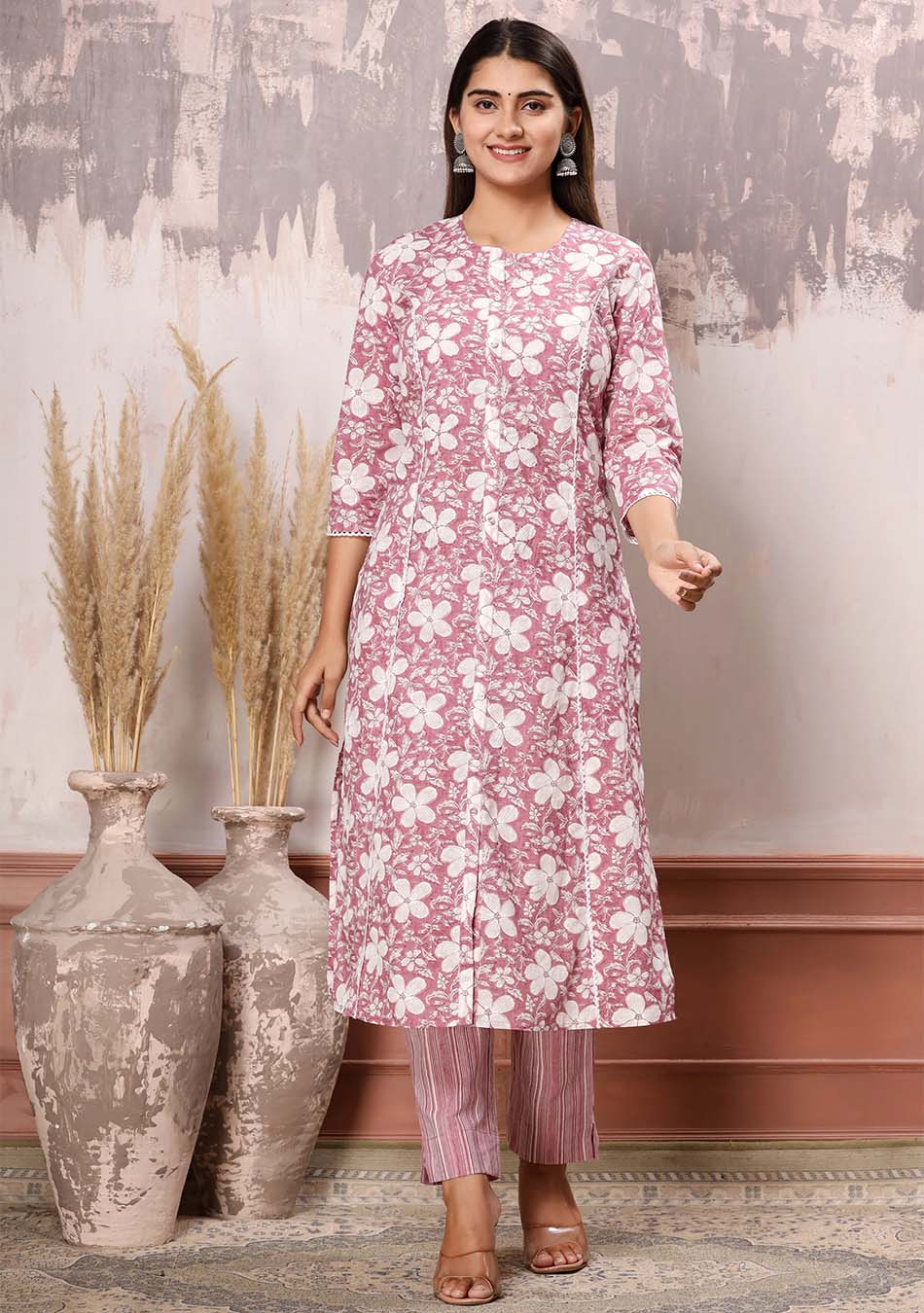 Pink-White Floral Print Kurta Pant Set with Dupatta
