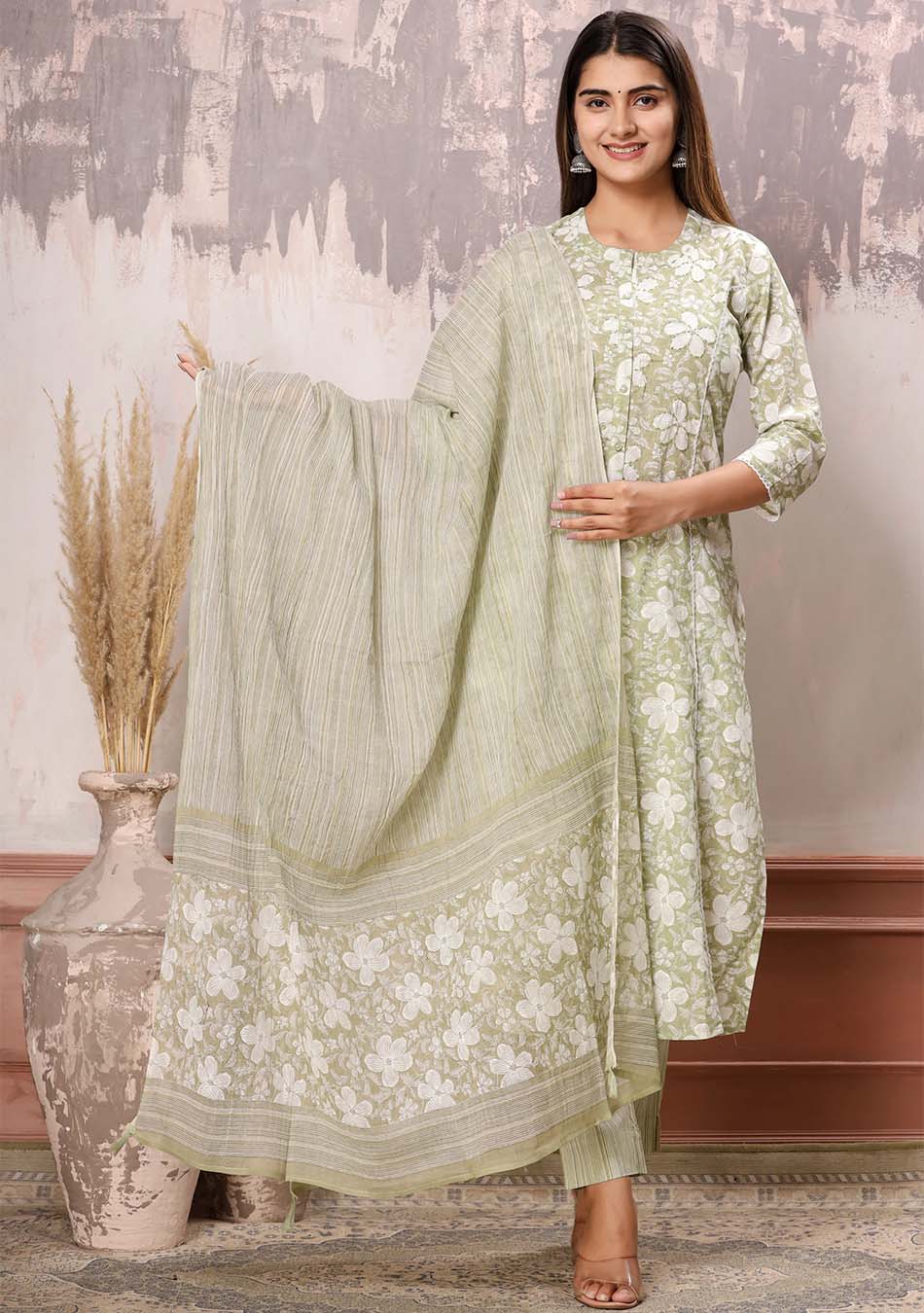 Green-White Floral Print Kurta Pant Set with Dupatta