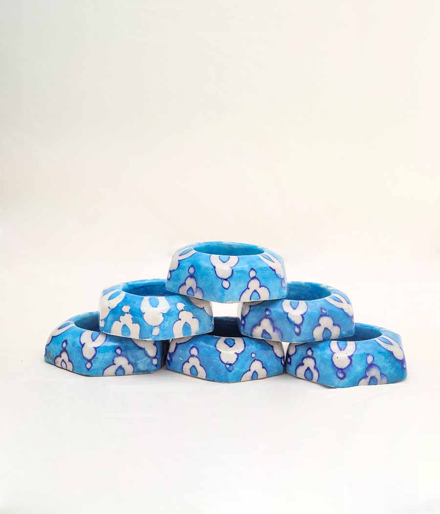 Blue Pottery Hexagon Sky blue Diya - Set of 6