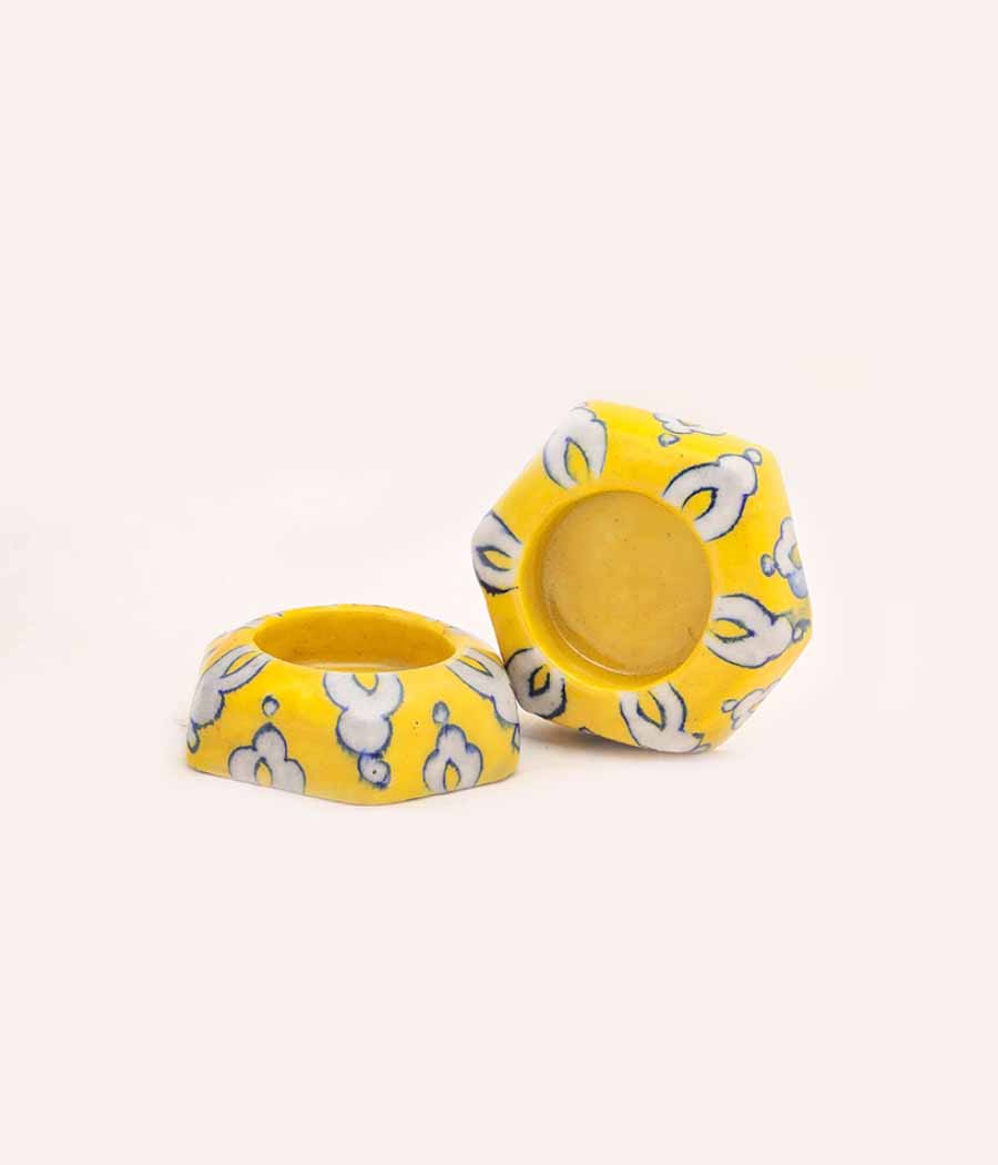 Blue Pottery Hexagon design with Yellow flower Diya - Set of 6
