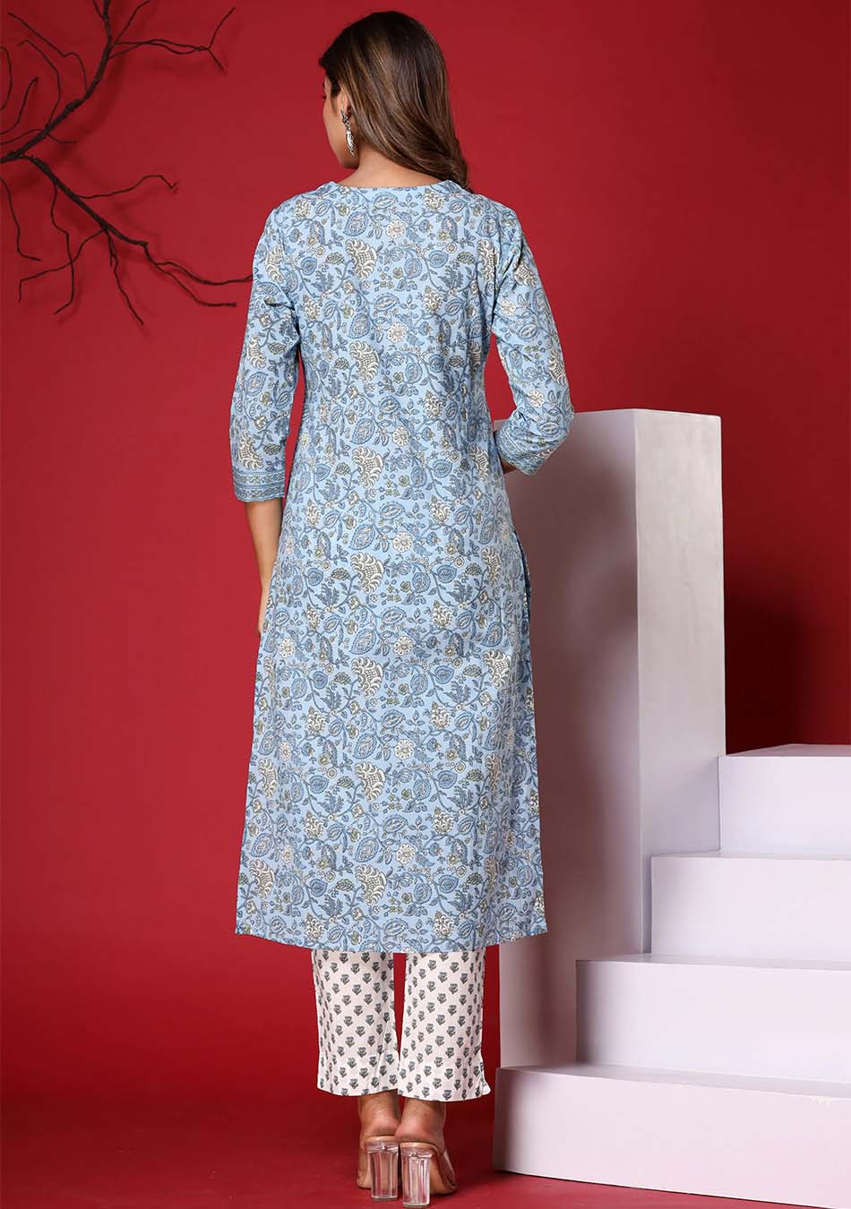 Sky Blue Floral Print Kurta Pant Set with Dupatta