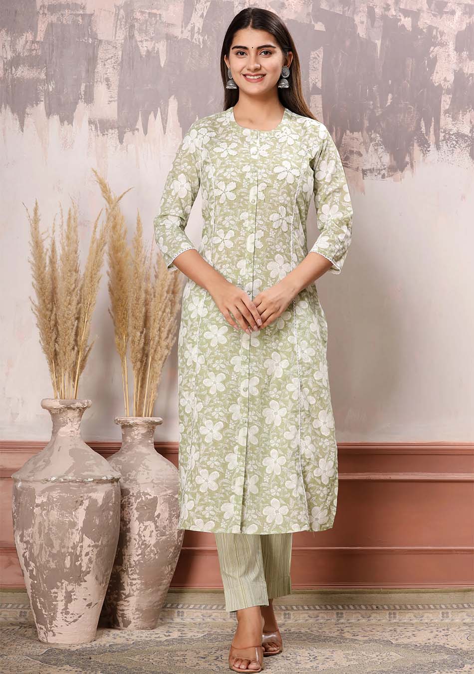 Green-White Floral Print Kurta Pant Set with Dupatta