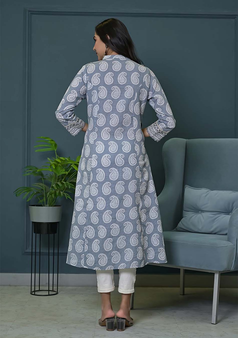 Grey Paisley Print Kurta