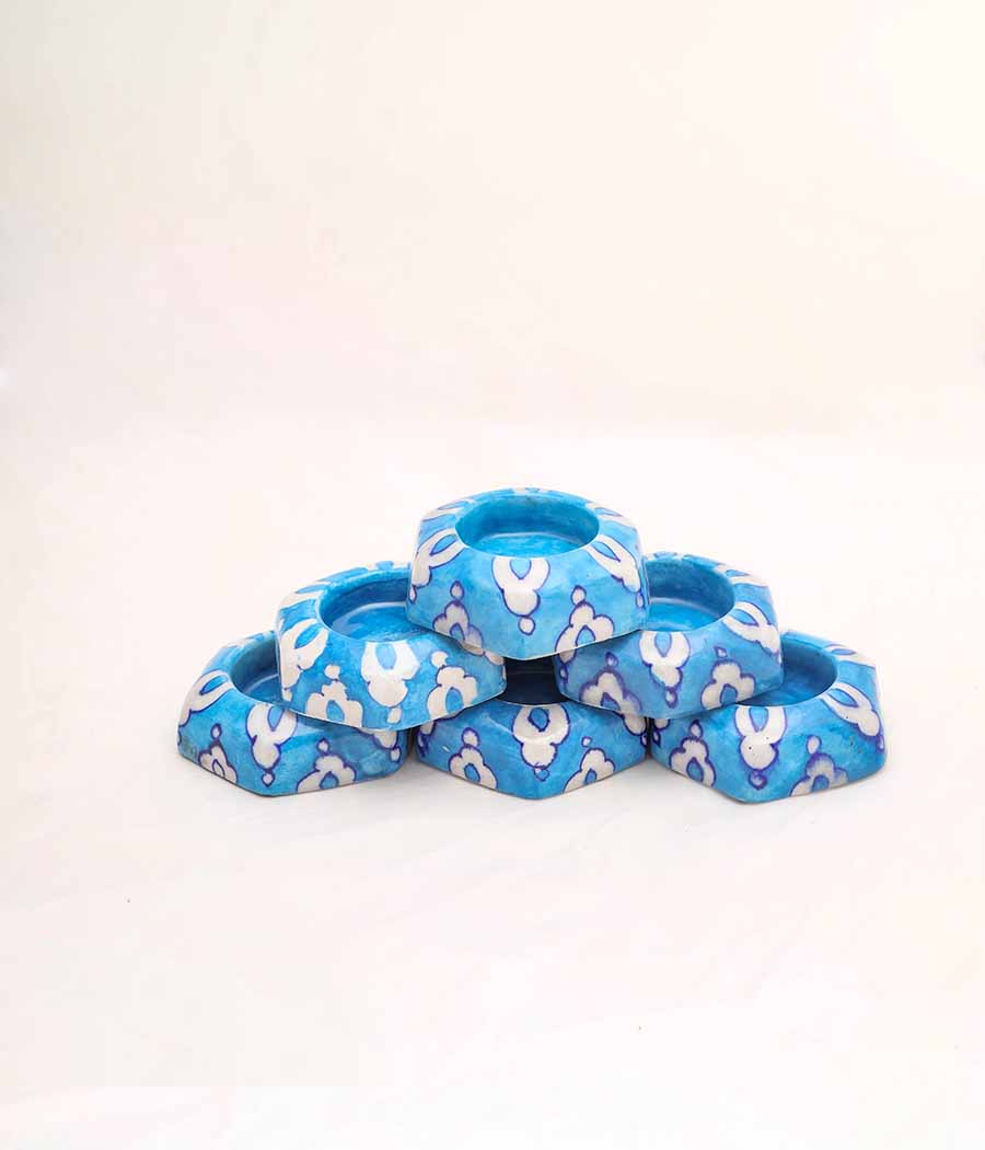 Blue Pottery Hexagon Sky blue Diya - Set of 6