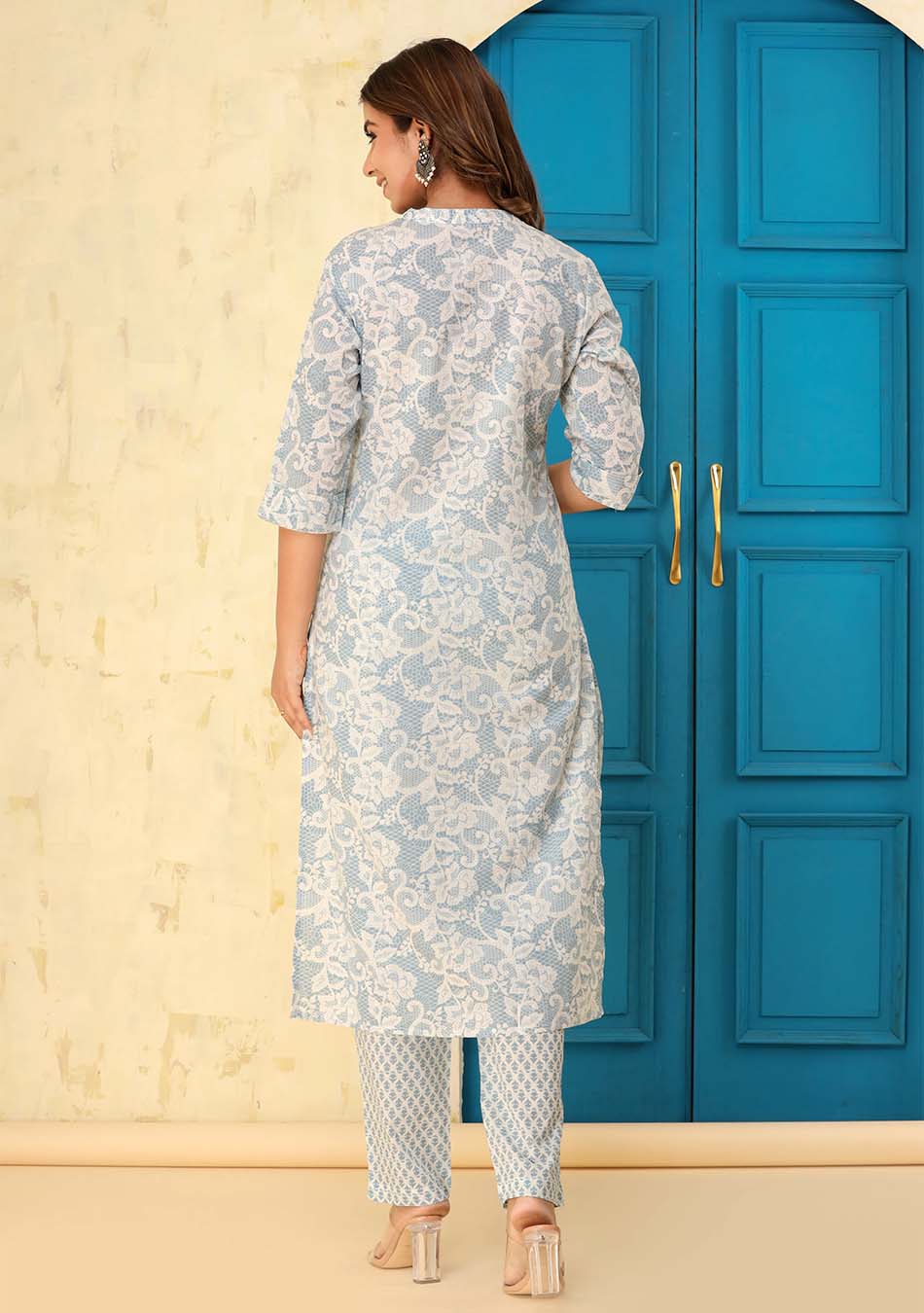Sky Blue-White Floral Print Kurta Pant Set with Dupatta