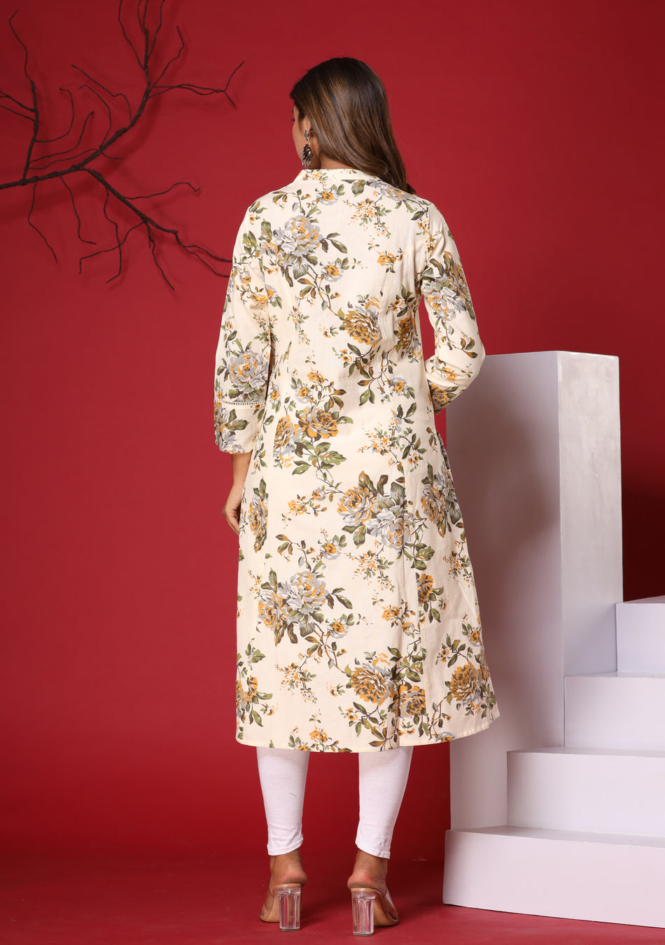 Off White Floral Print A-Line Kurta