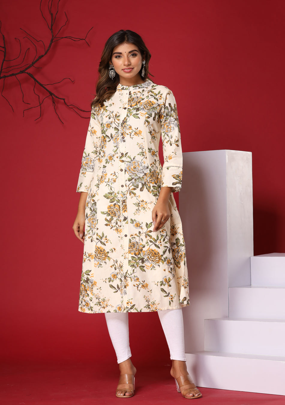 Off White Floral Print A-Line Kurta