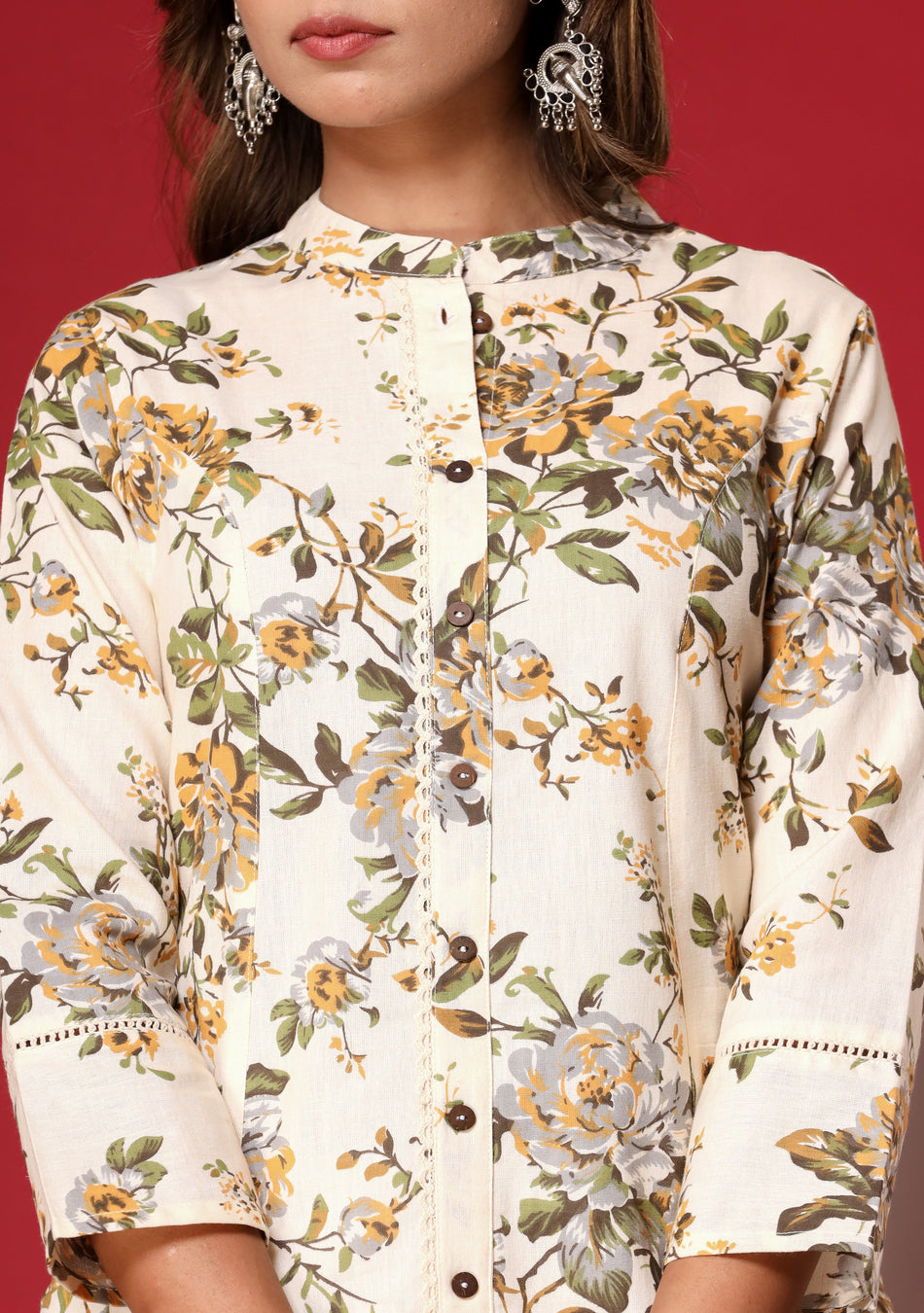 Off White Floral Print A-Line Kurta