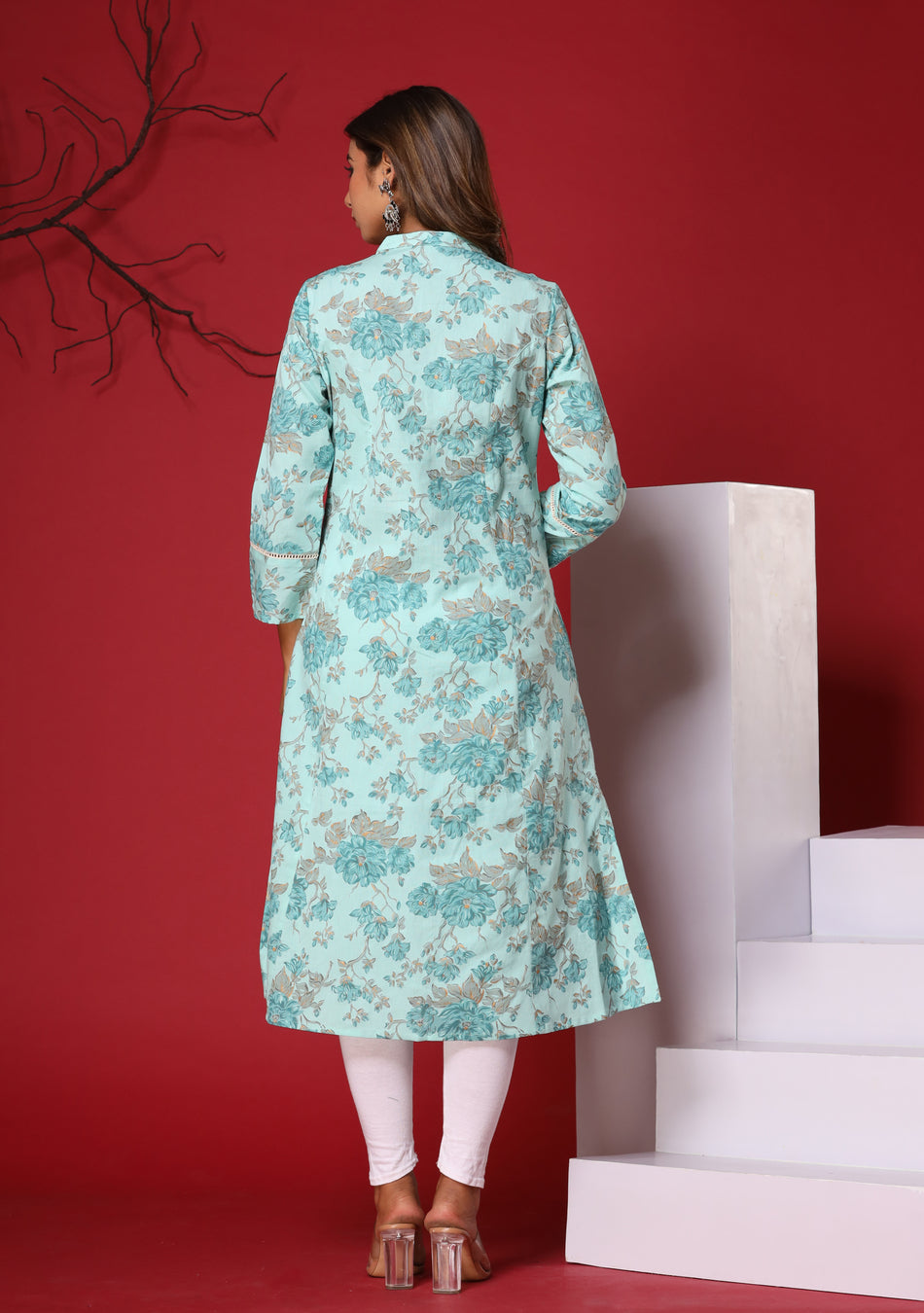 Light Blue Floral Print A-Line Kurta