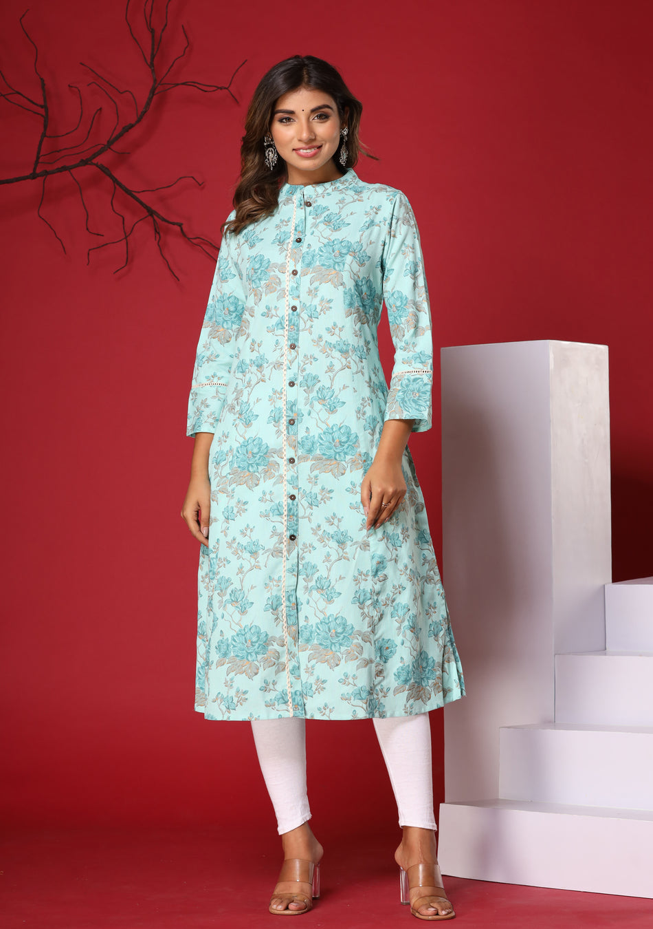 Light Blue Floral Print A-Line Kurta