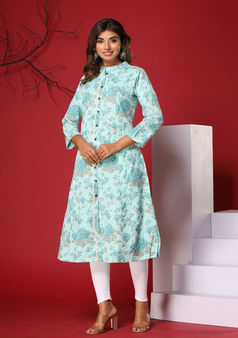Light Blue Floral Print A-Line Kurta