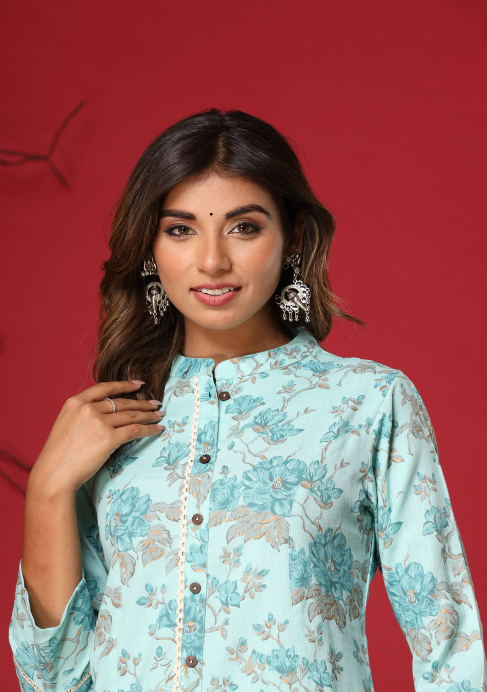 Light Blue Floral Print A-Line Kurta