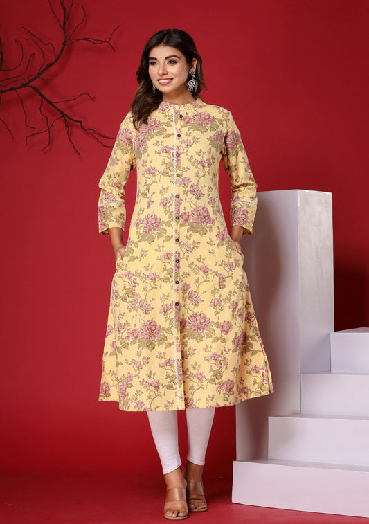 Yellow Floral Print A-Line Kurta