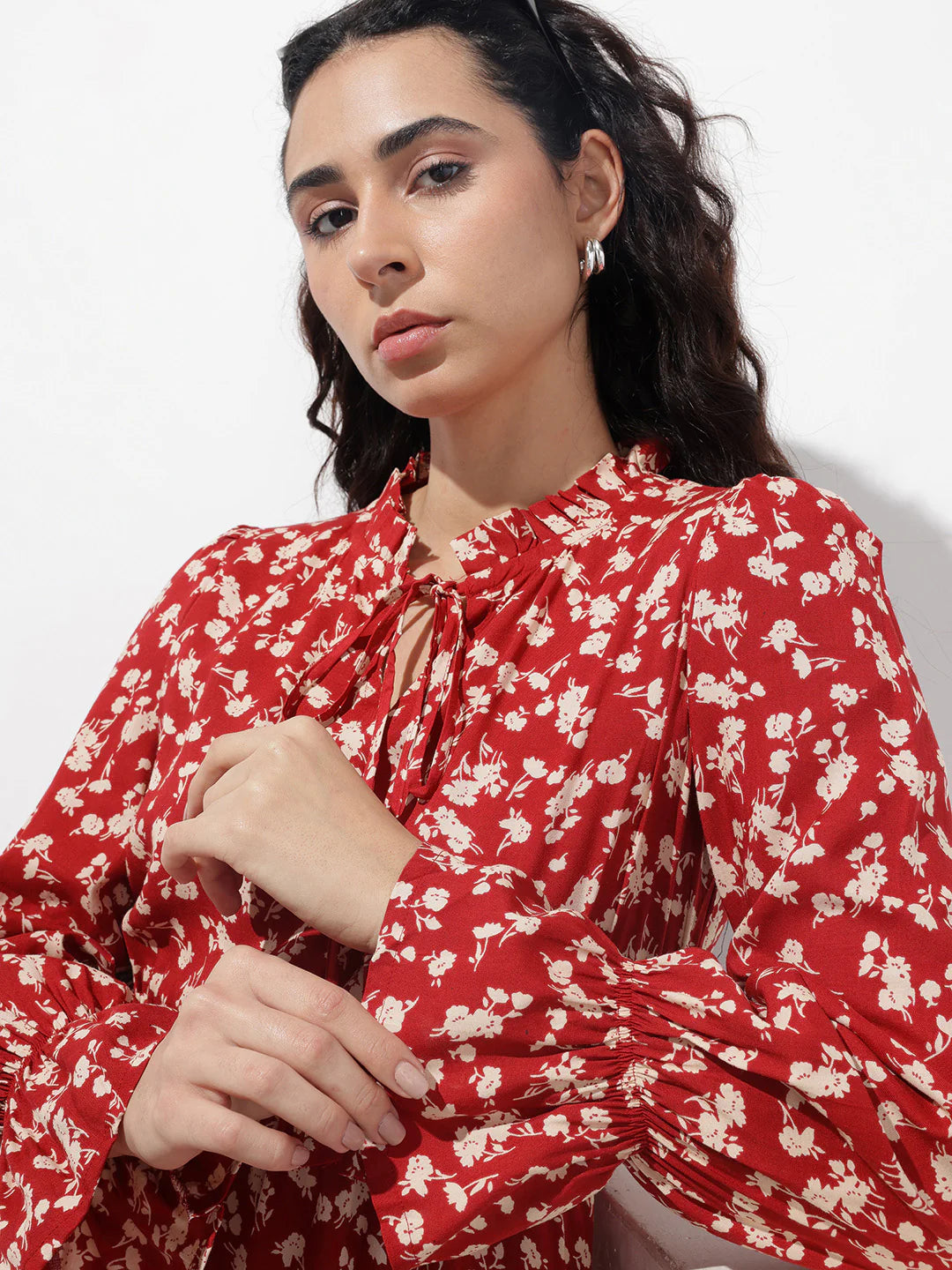 Aravalii Maroon Round Neck Floral Print Rayon Midi Dress