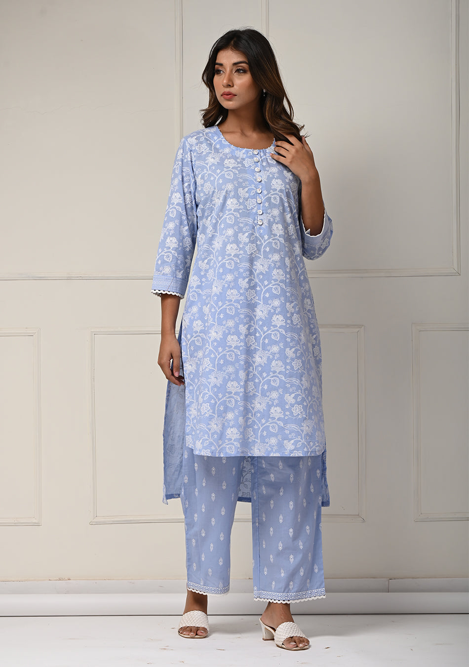 Khadi Print Sky Blue Co-ord Set in Lino Dobby