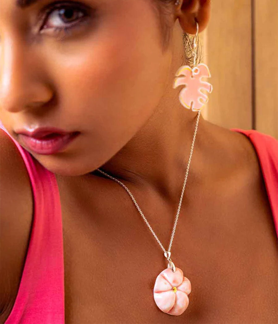 Pink Swiss Cheese Leaf Pendant and Earring Set