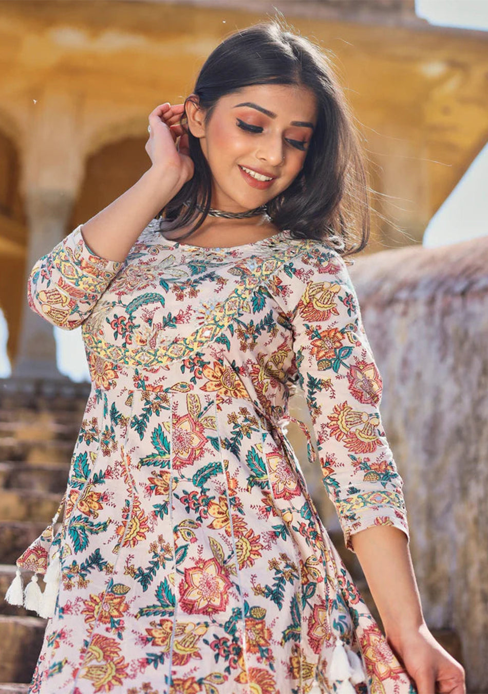 Off white Printed Anarkali Kurta Pant Set