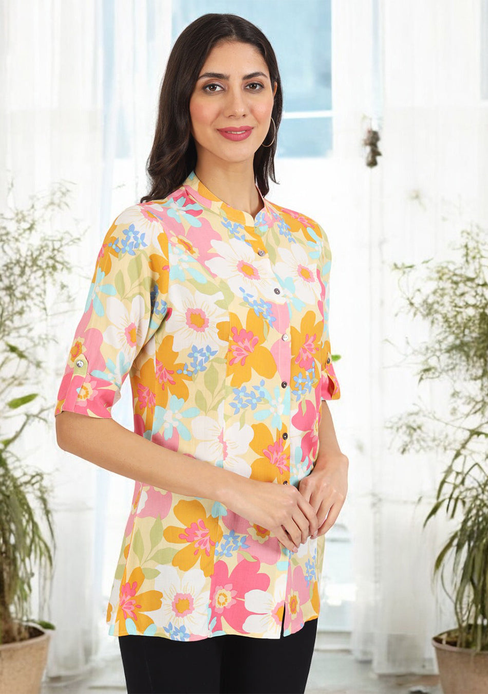 Yellow Floral Printed Fold Sleeve Rayon Top