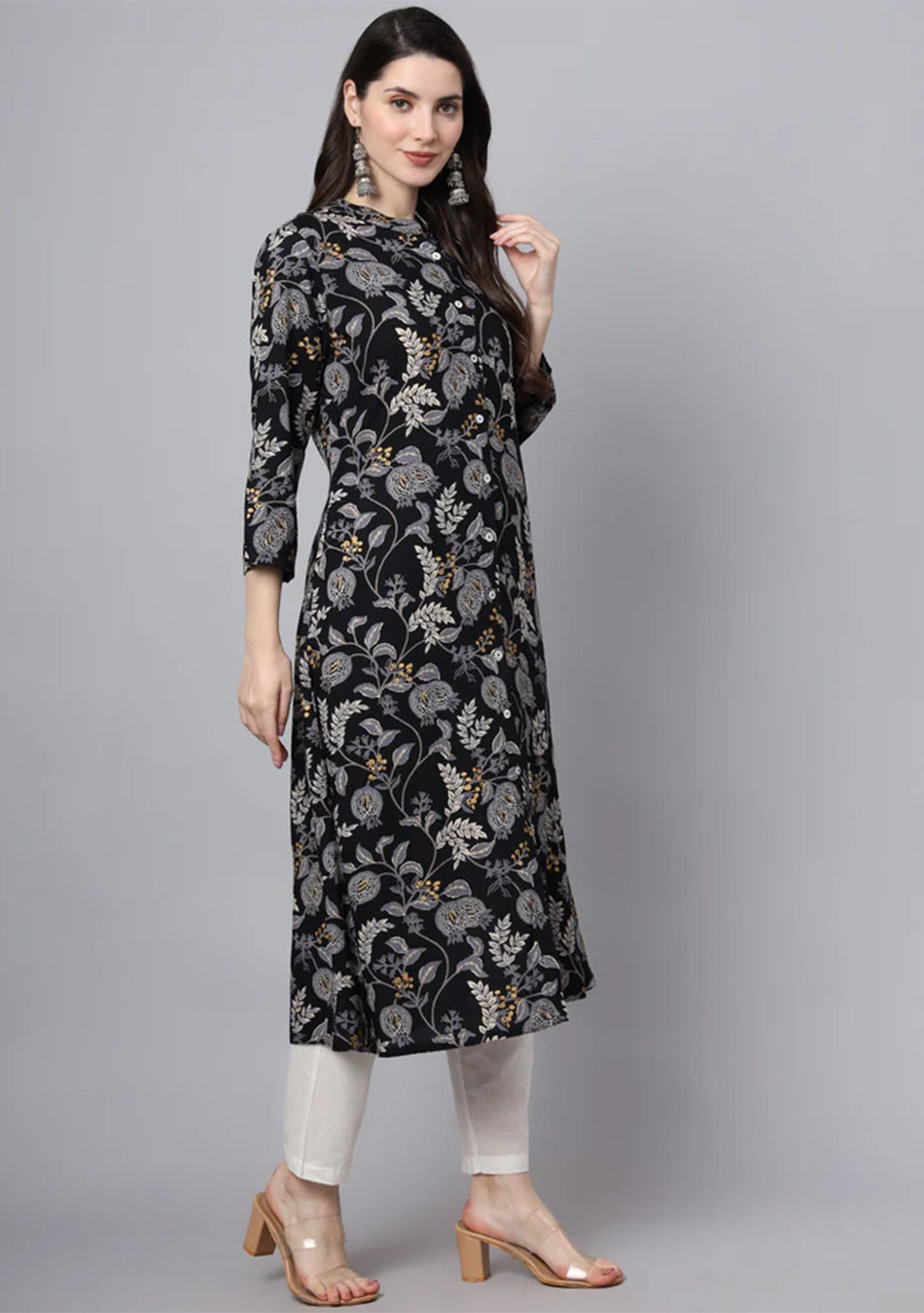 Black Rayon Printed-A-Line Kurta