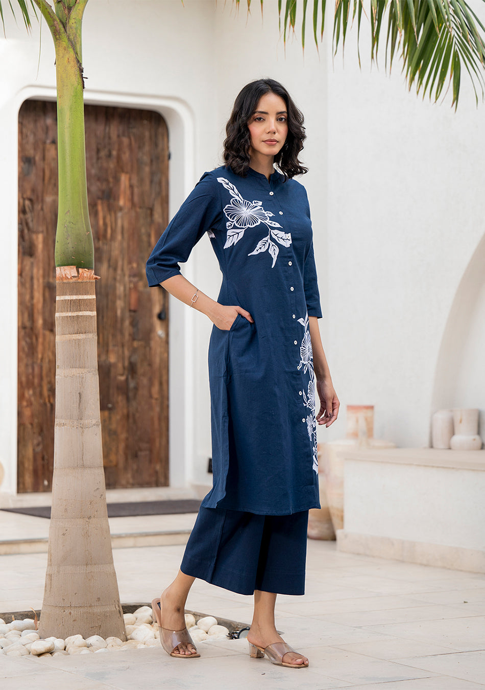 Navy Blue Floral Pattern Kurta Pant Set