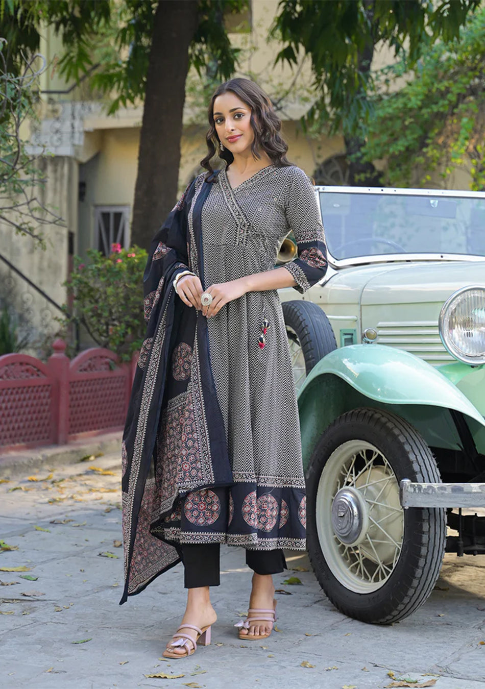 Black Printed Cotton Fabric Anarkali Kurta Pant With Dupatta