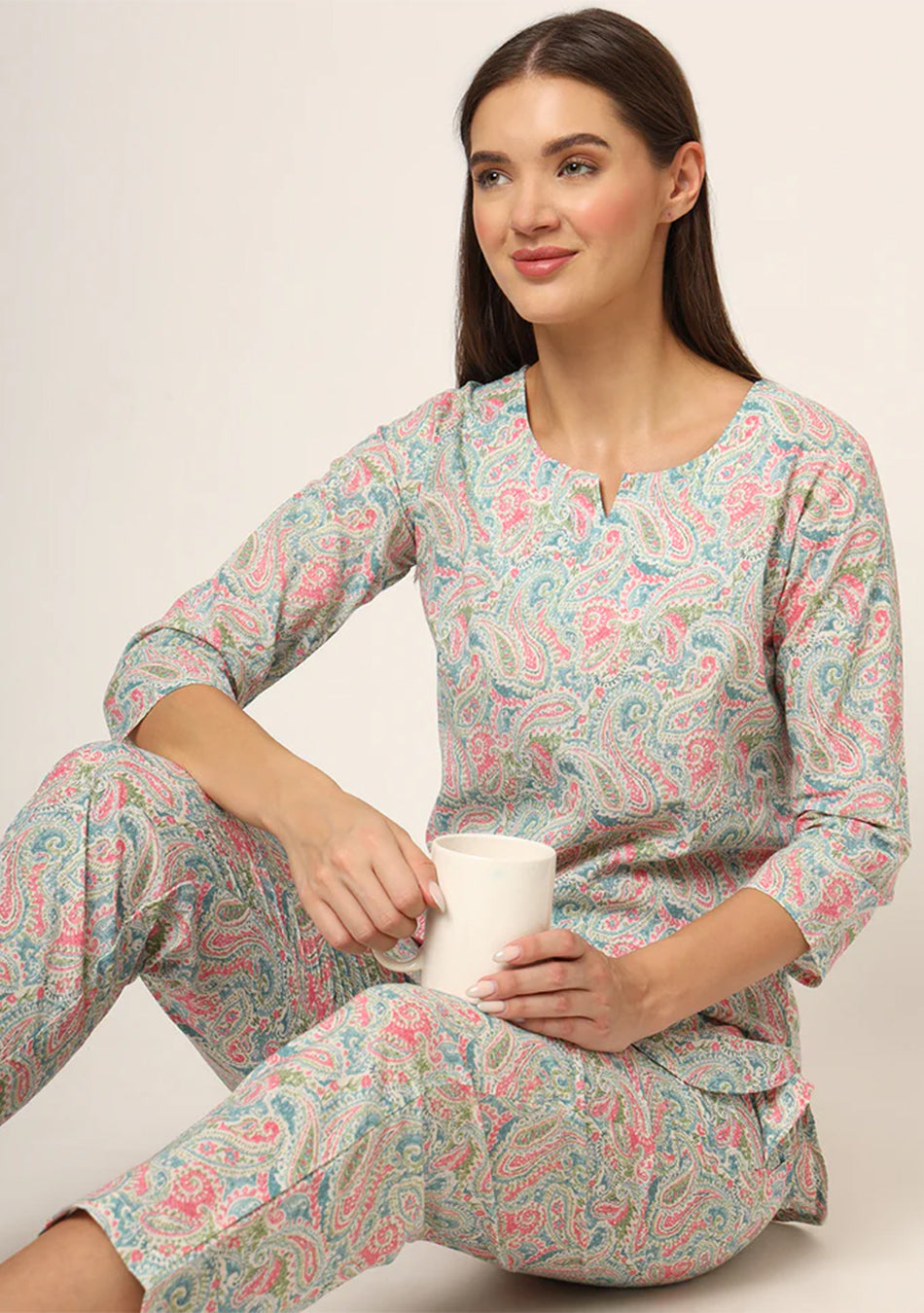 Blue Multi Floral Print Cotton Regular Fit Night Suit