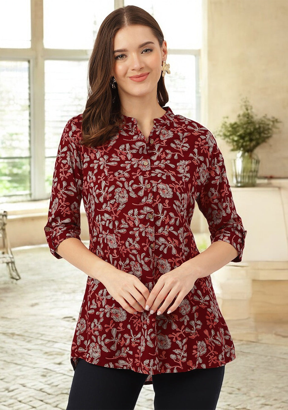 Maroon Floral Print Rayon Regular Top