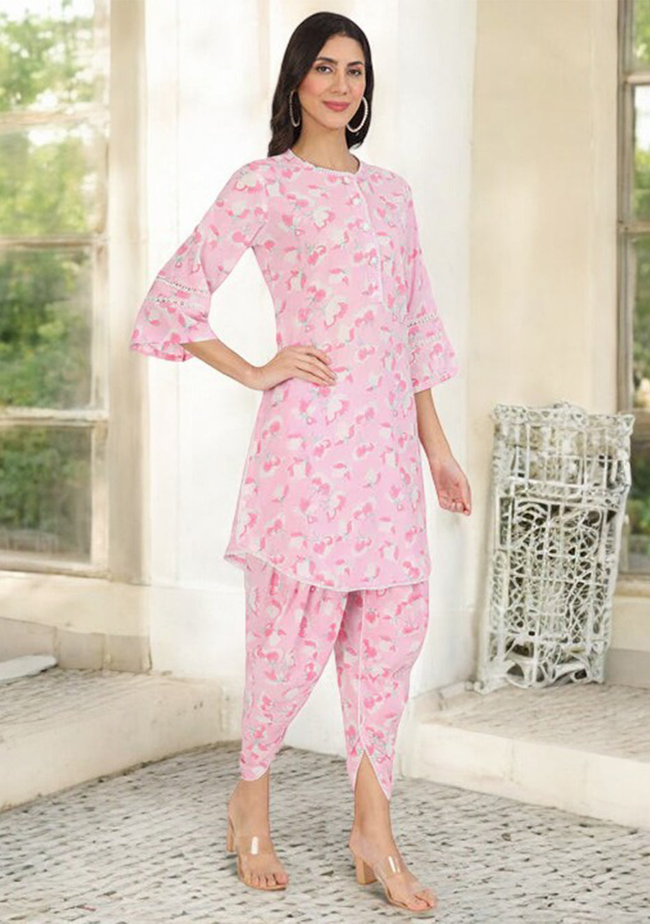 Pink Floral Printed Cotton Kurta with Dhoti Co-Ord Set