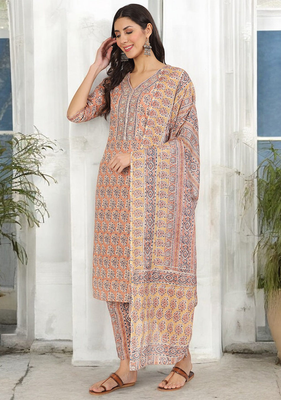 Brown Embroidered Cotton Kurta pants with Dupatta set