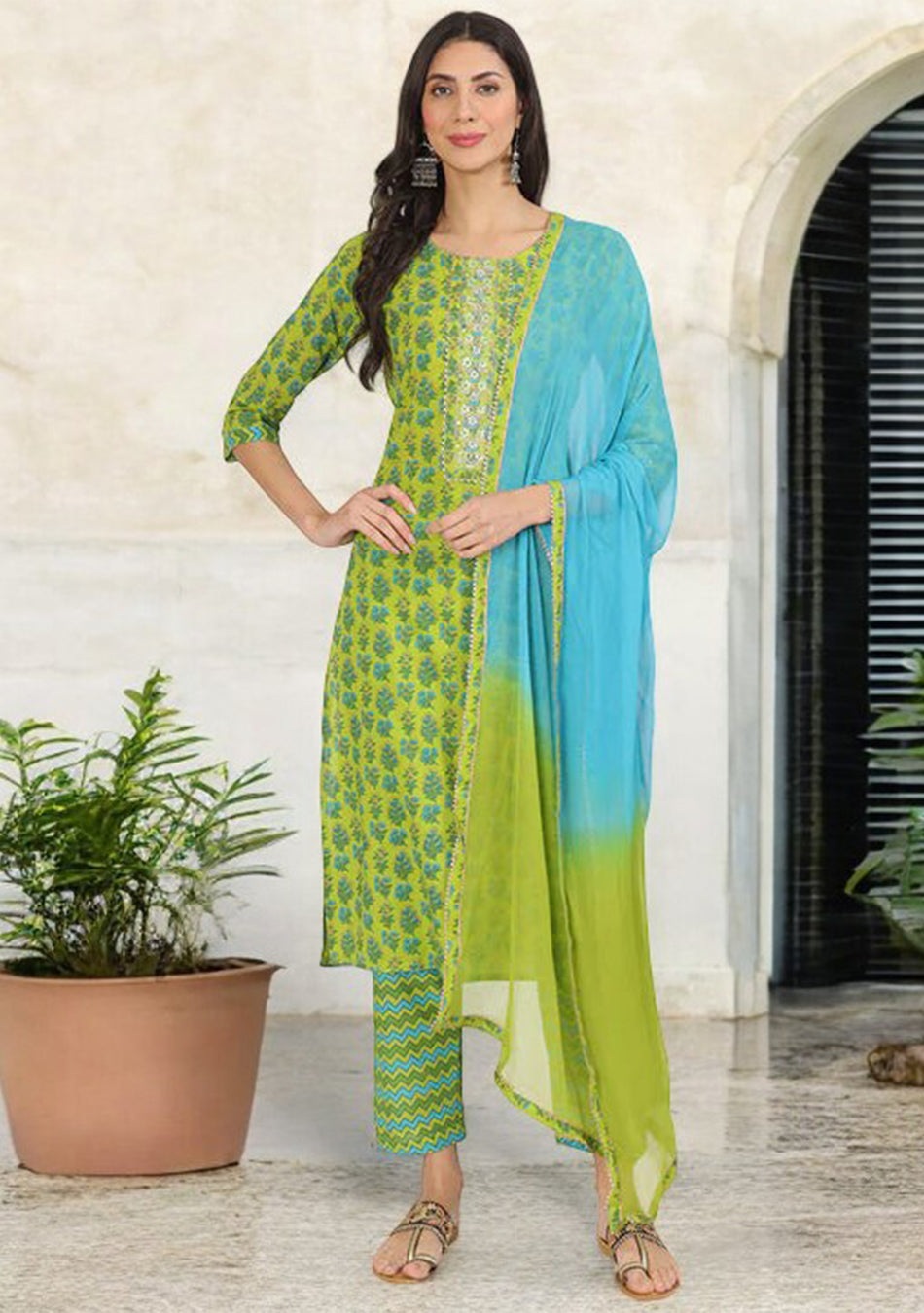Green Floral Print Cotton Kurta Pants with Dupatta