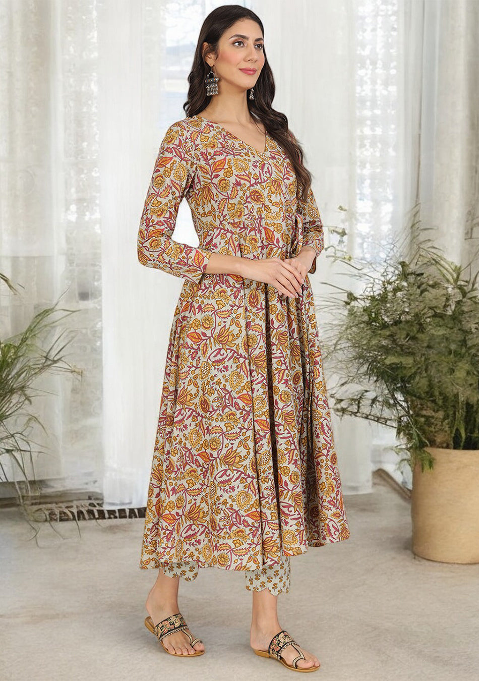 Brown Floral Print Cotton Angrakha Kurta Pants set