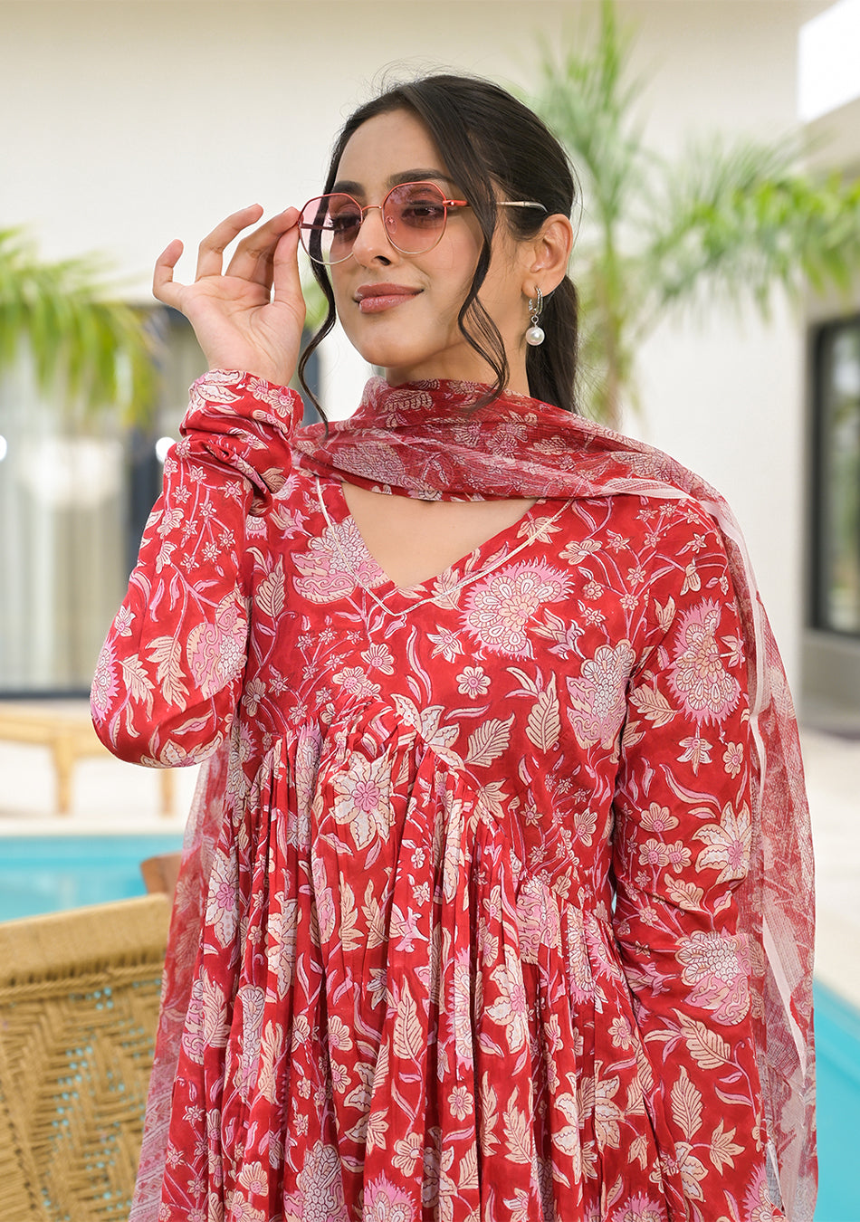 Floral Printed Red Cotton Alia Cut Kurta Set for women