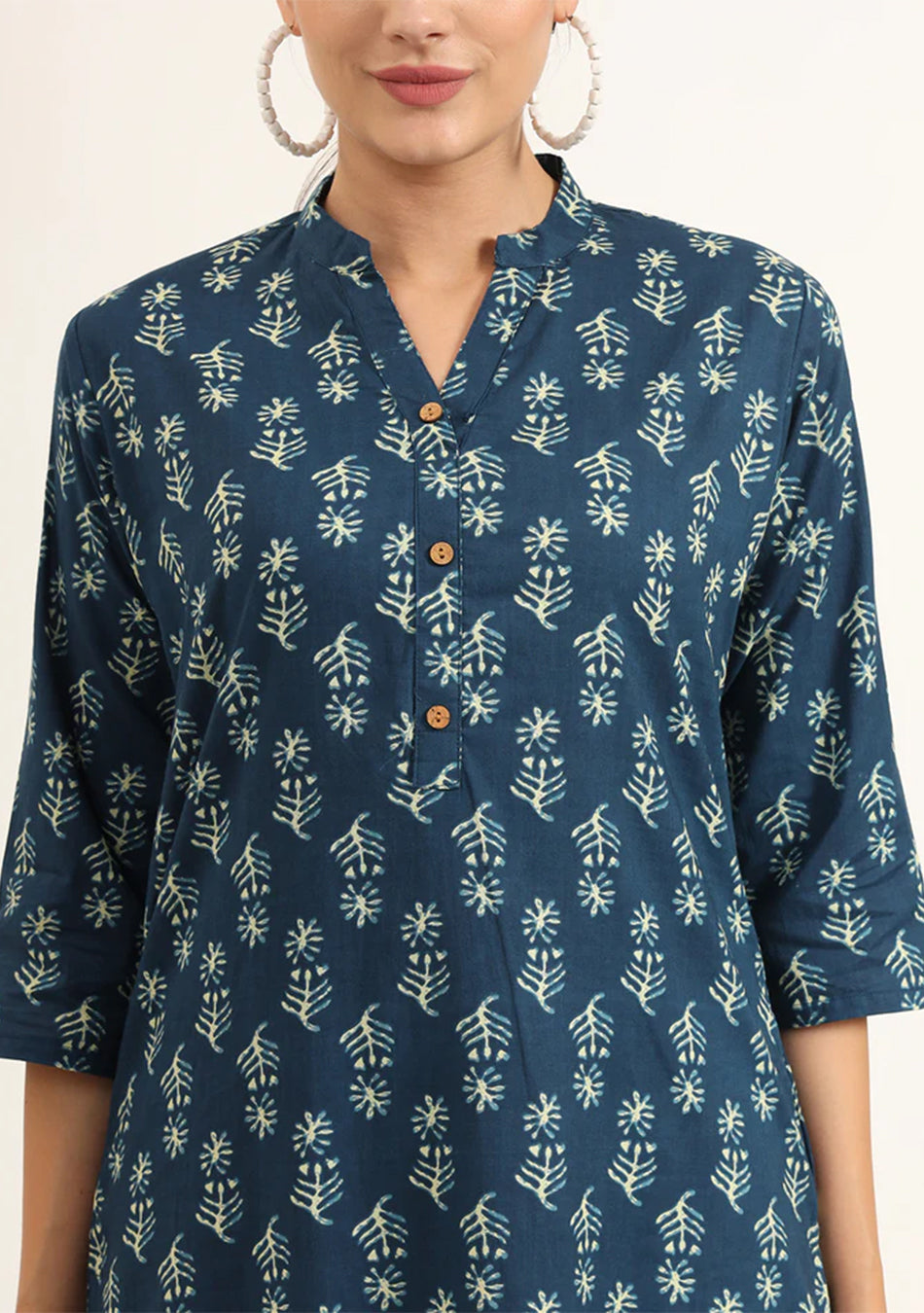 Blue Floral Print Pure Cotton Straight Kurta