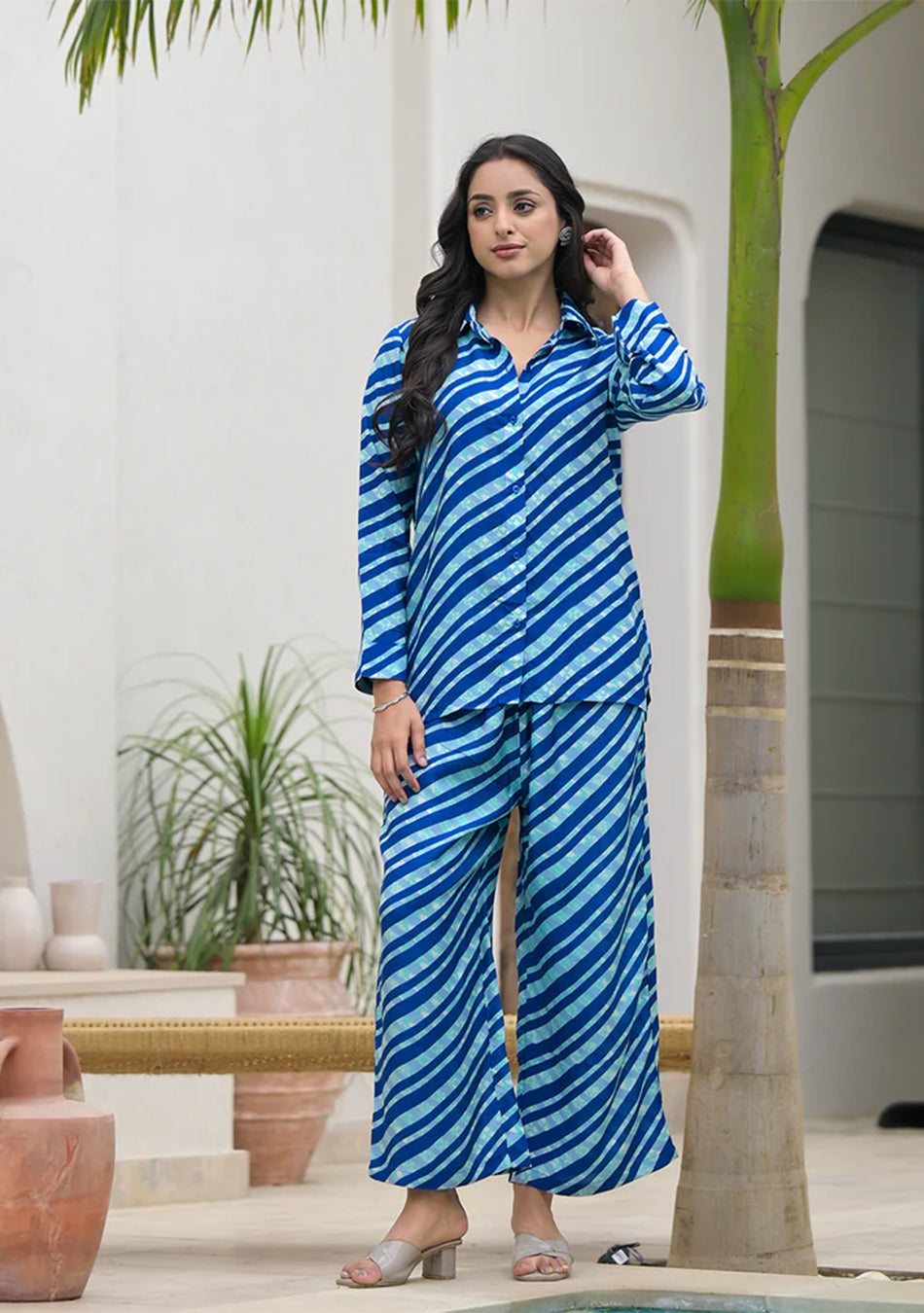 Blue Stripes Shirt With Trousers Co-Ords