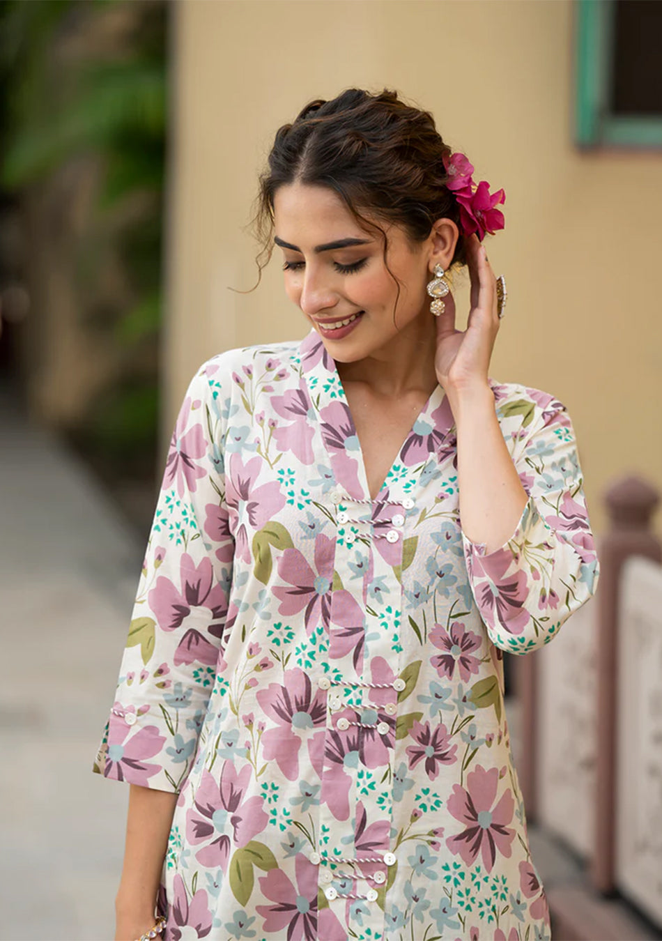 Lavender Floral Print Pure Cotton Straight Kurta with Trouser