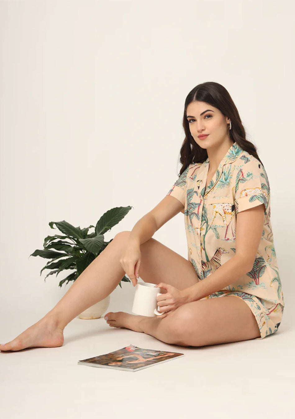 Cream Floral Print Pure Cotton Regular Night Suit