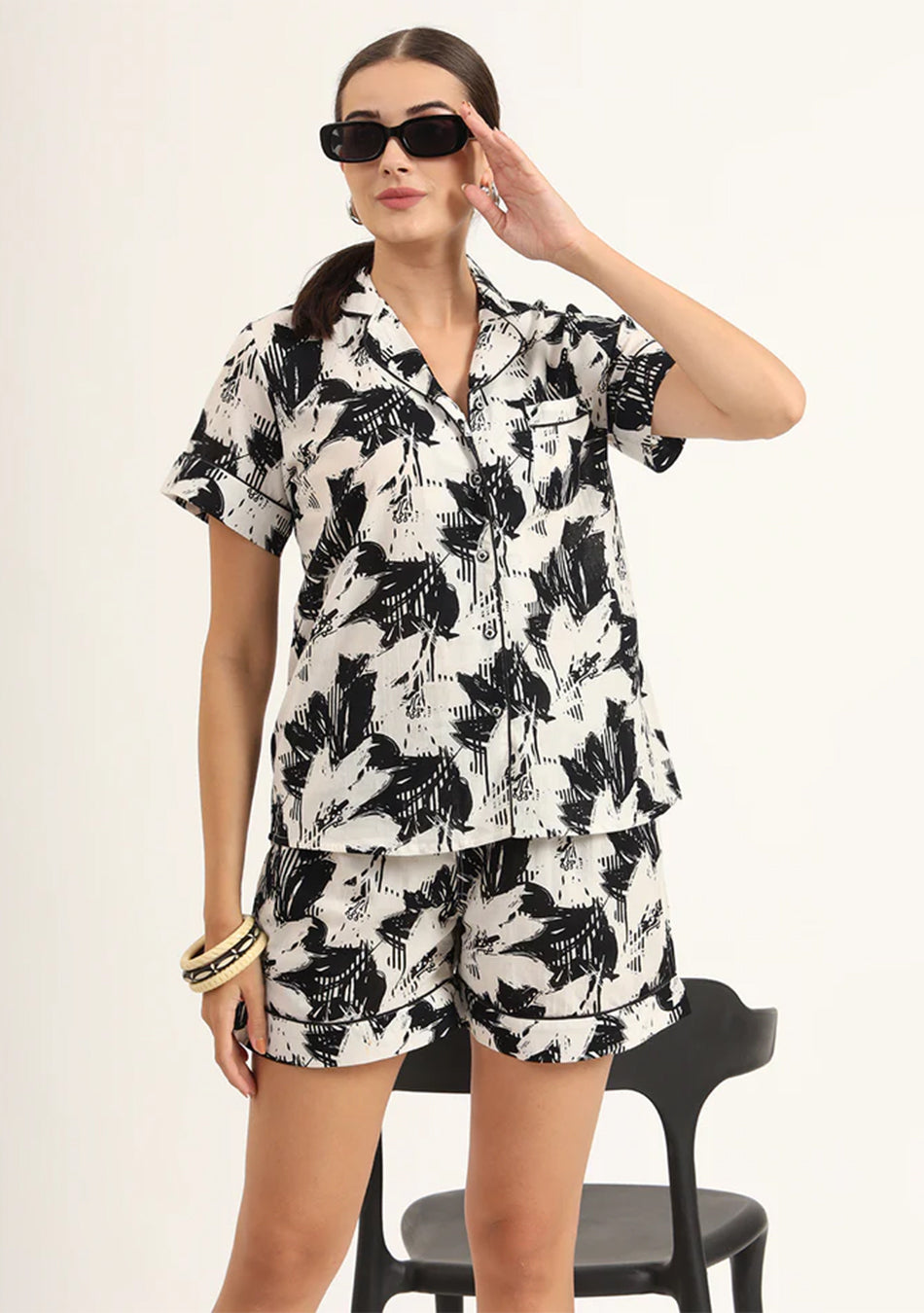 Black & White Asymetric Print Pure Cotton Regular Night Suit